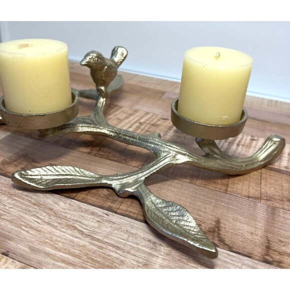 Gold Metal Bird-Themed Triple Candle Holder With Leaf Design - Picture 2 of 8